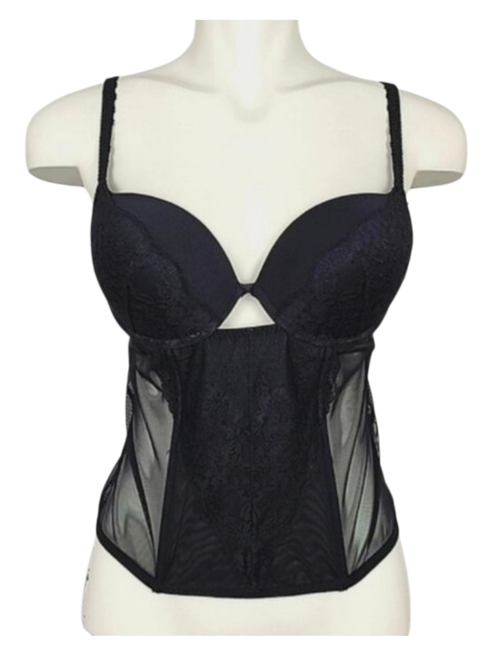 La Senza Women's Bustier Corset Top Push Up Lace Mesh Sheer Boned Black Large